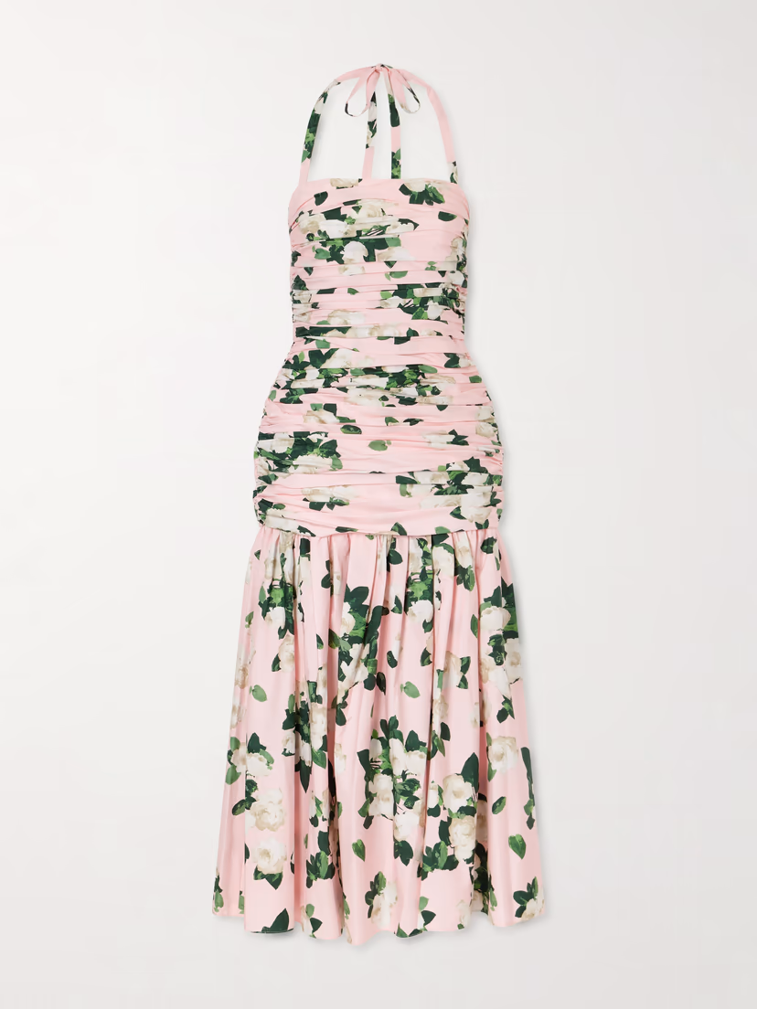 CAROLINA HERRERA Floral-print ruched cotton-blend maxi dress