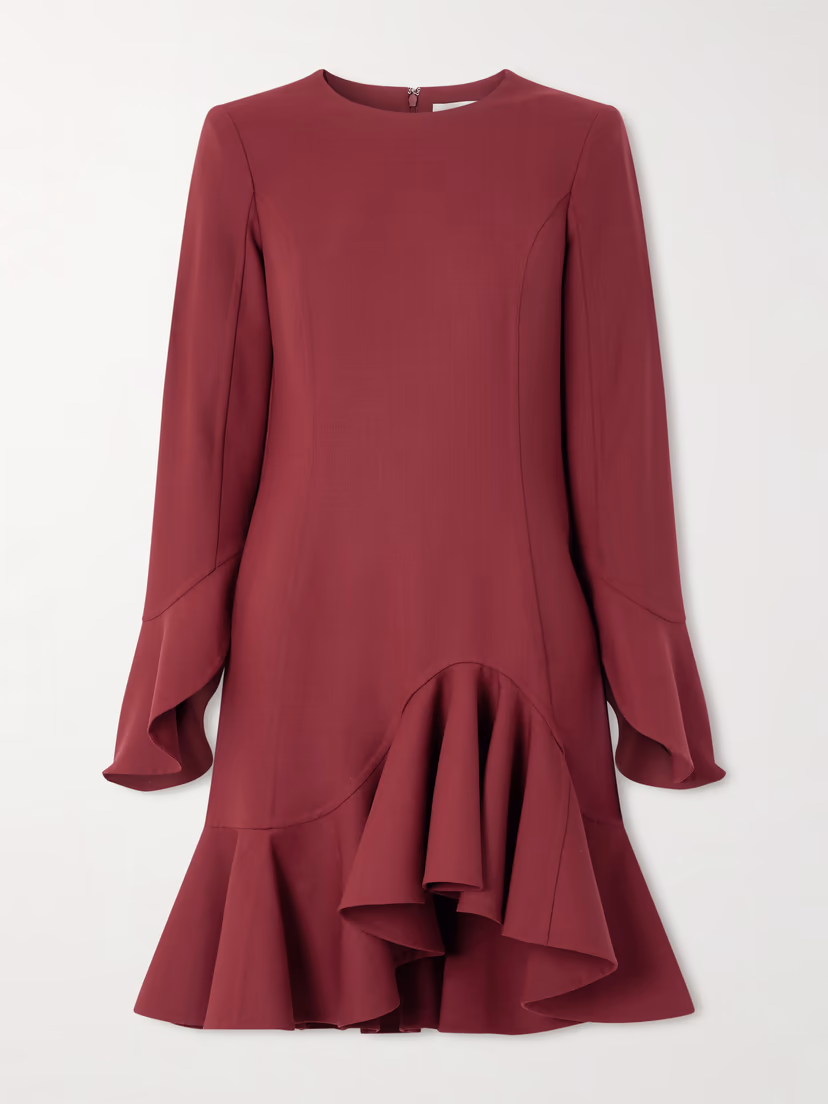 OSCAR DE LA RENTA Asymmetric ruffled wool-blend crepe midi dress