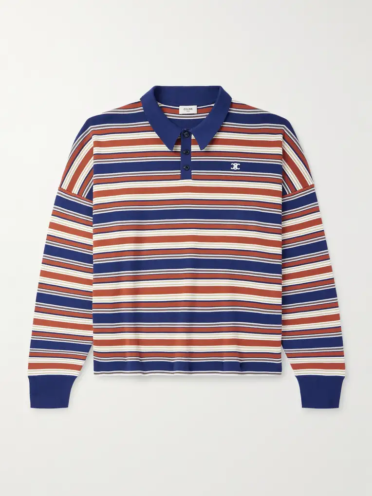 CELINE Logo-Embroidered Striped Cotton Polo Shirt