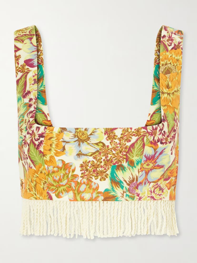 ALÉMAIS Fringed cropped floral-print linen top