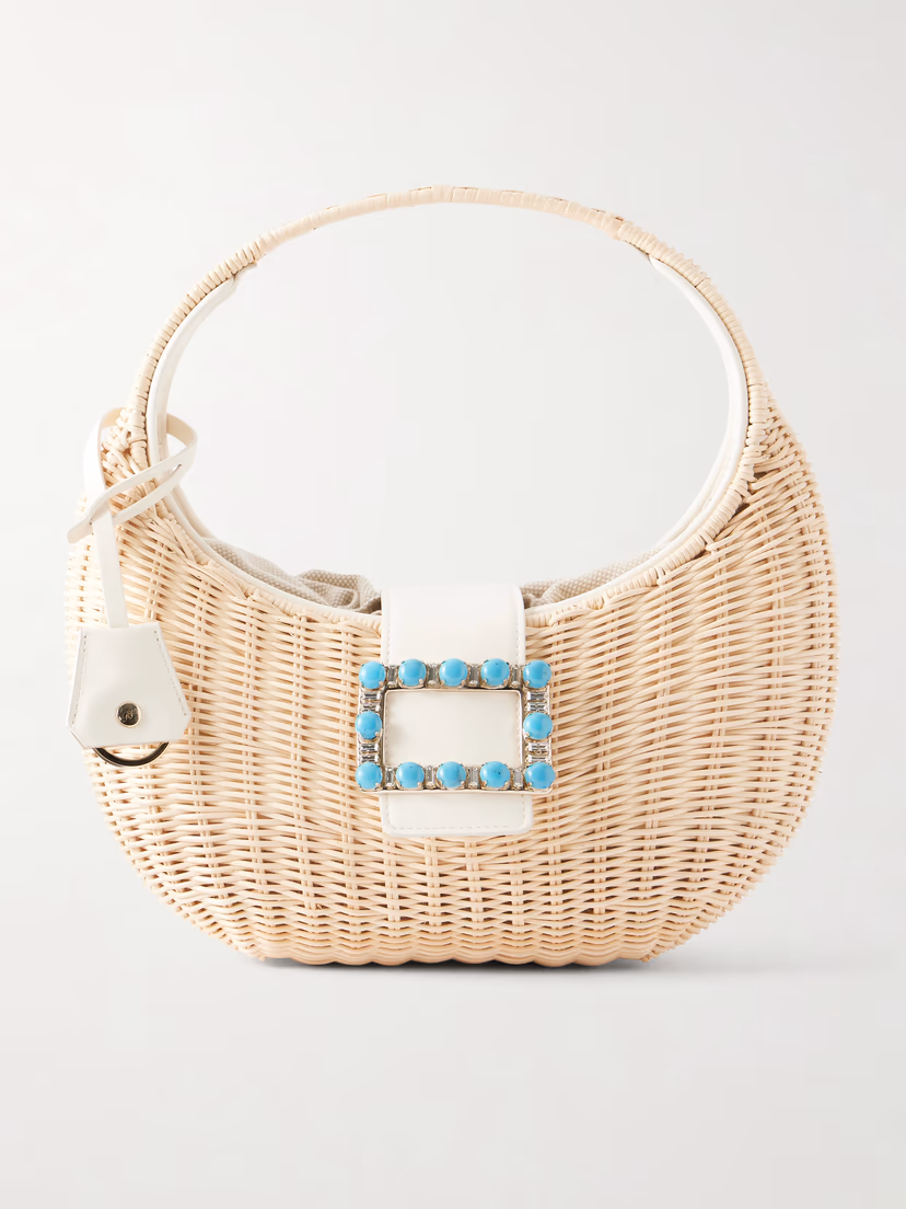 ROGER VIVIER Embellished leather-trimmed raffia shoulder bag