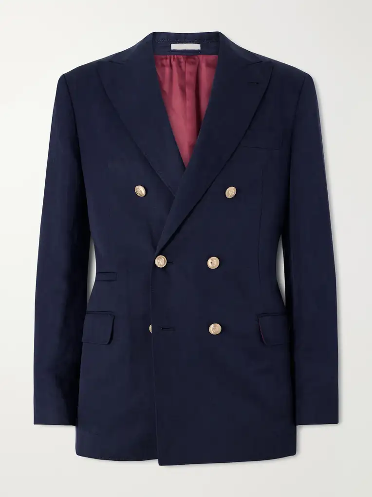 BRUNELLO CUCINELLI Double-Breasted Silk and Linen-Blend Blazer
