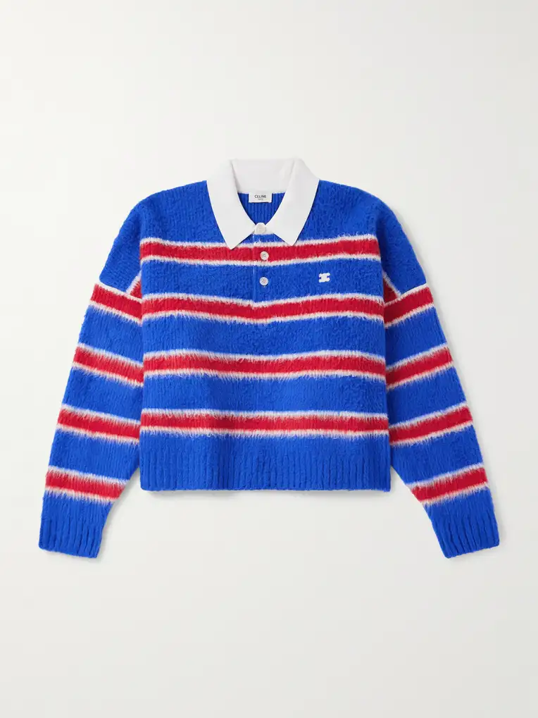 CELINE Cropped Logo-Embroidered Striped Brushed Cotton-Blend Polo Shirt