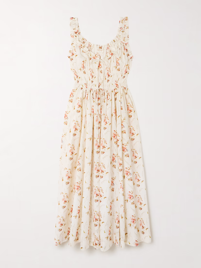 DÔEN Emmaretta tie-detailed shirred floral-print organic cotton midi dress
