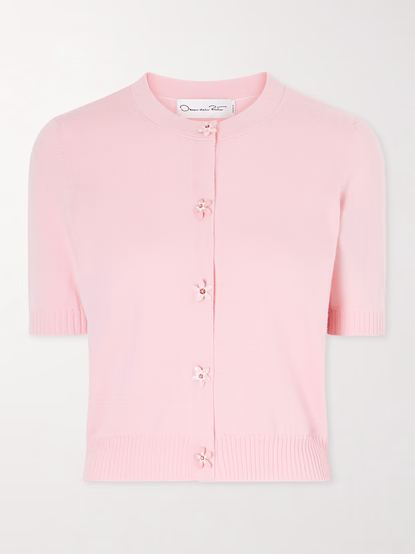 OSCAR DE LA RENTA Cropped floral-embellished cashmere cardigan