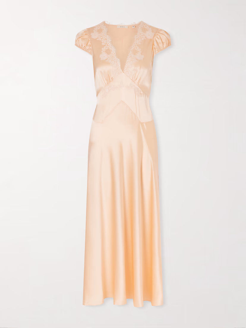 DÔEN Coraline corded lace-trimmed silk-satin midi dress