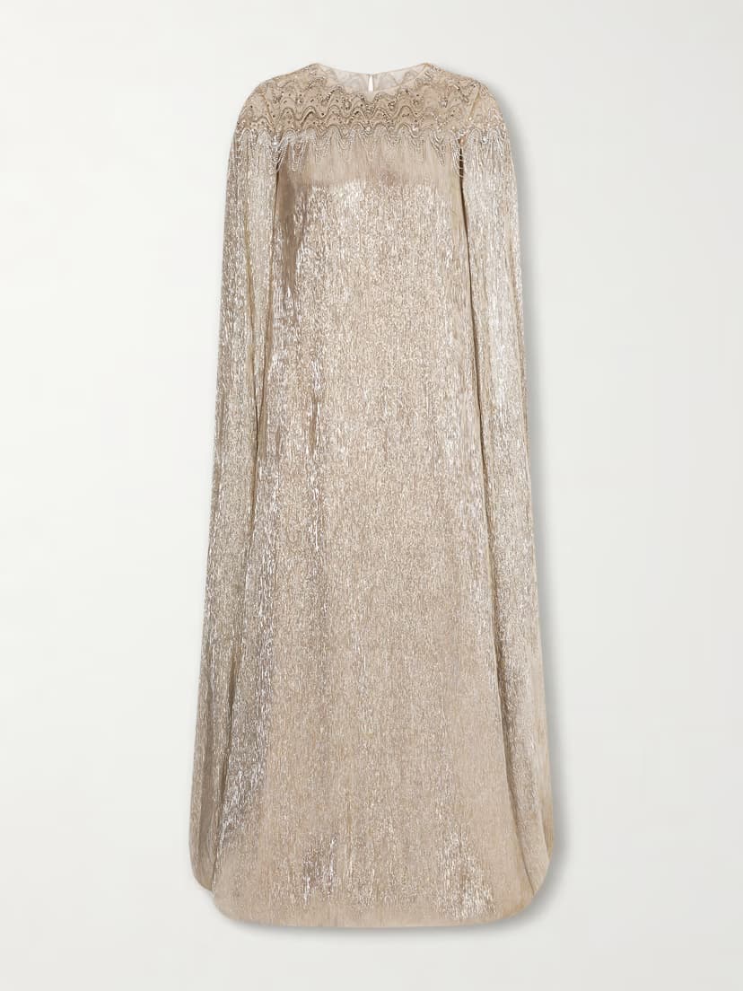 OSCAR DE LA RENTA Cape-effect crystal and sequin-embellished tulle-trimmed lamé gown