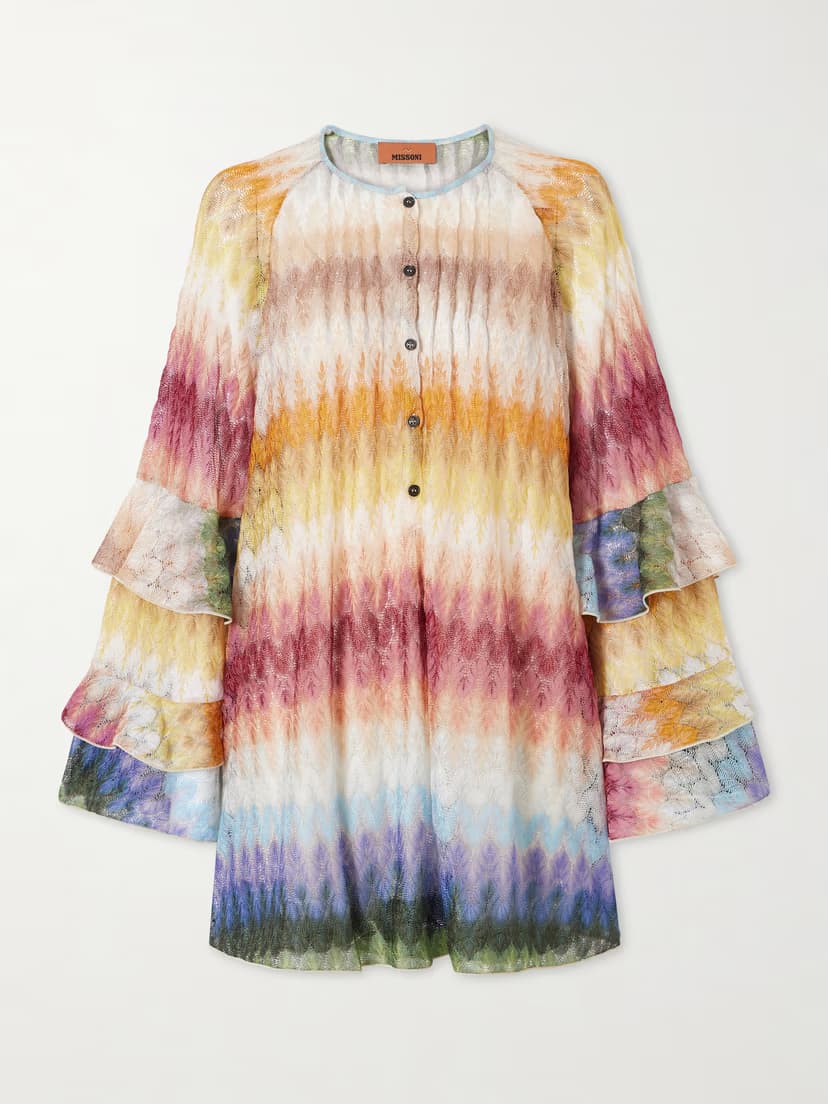 MISSONI Striped metallic crochet-knit mini dress
