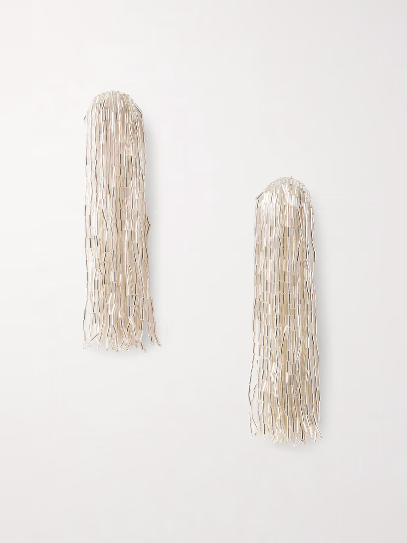 OSCAR DE LA RENTA Tassel beaded silver-tone crystal clip earrings