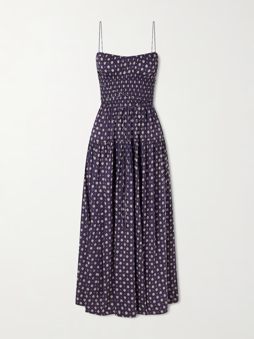 DÔEN Safia smocked printed cotton and silk-blend voile maxi dress