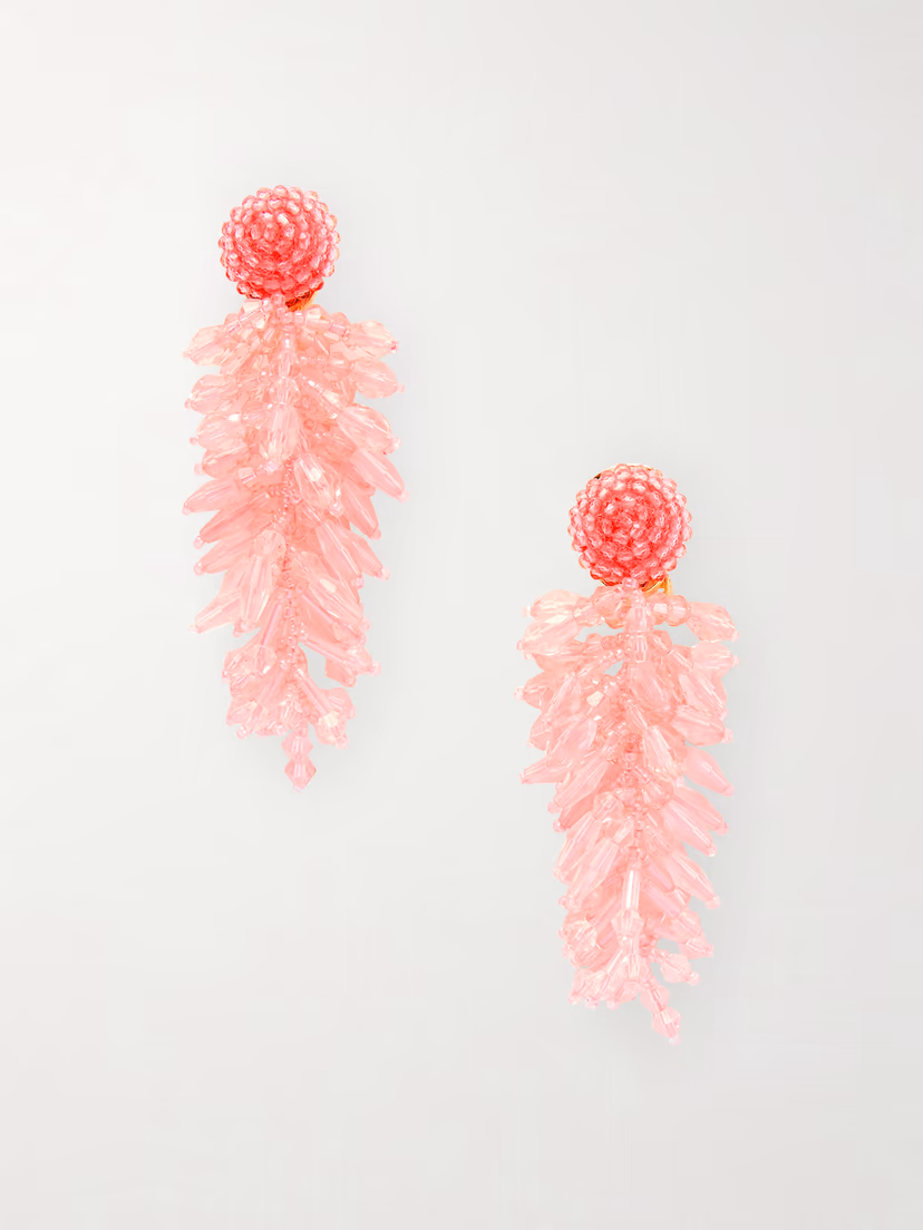 OSCAR DE LA RENTA Cluster tasseled beaded gold-tone clip earrings