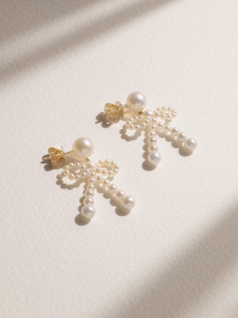 SOPHIE BILLE BRAHE Bow 14-karat recycled gold pearl earrings