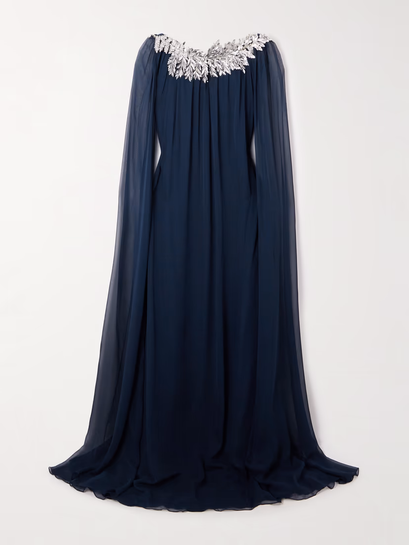 OSCAR DE LA RENTA Cape-effect embellished silk-chiffon gown