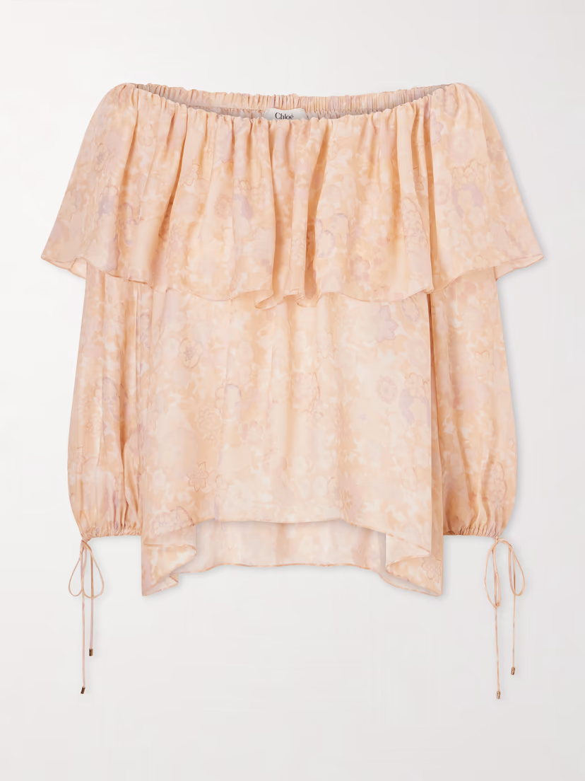 CHLOÉ Off-the-shoulder ruffled floral-print silk-charmeuse blouse