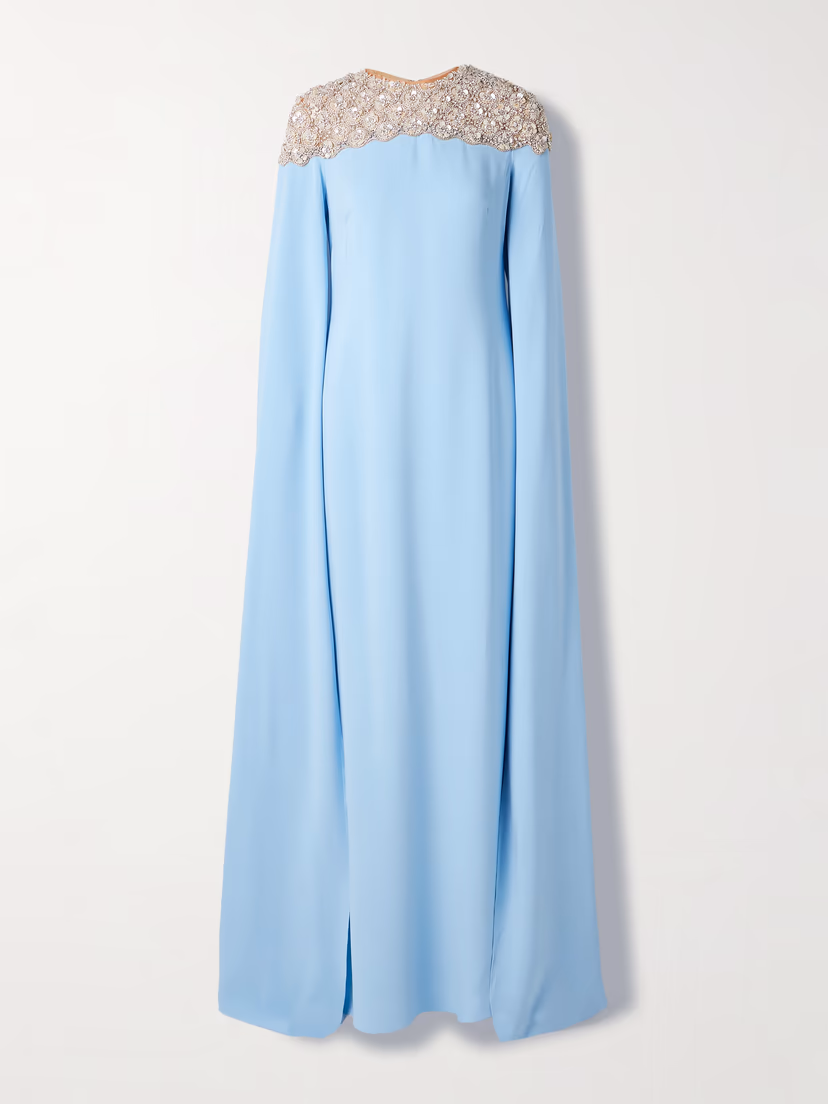 OSCAR DE LA RENTA Cape-effect embellished tulle-trimmed silk-blend georgette gown