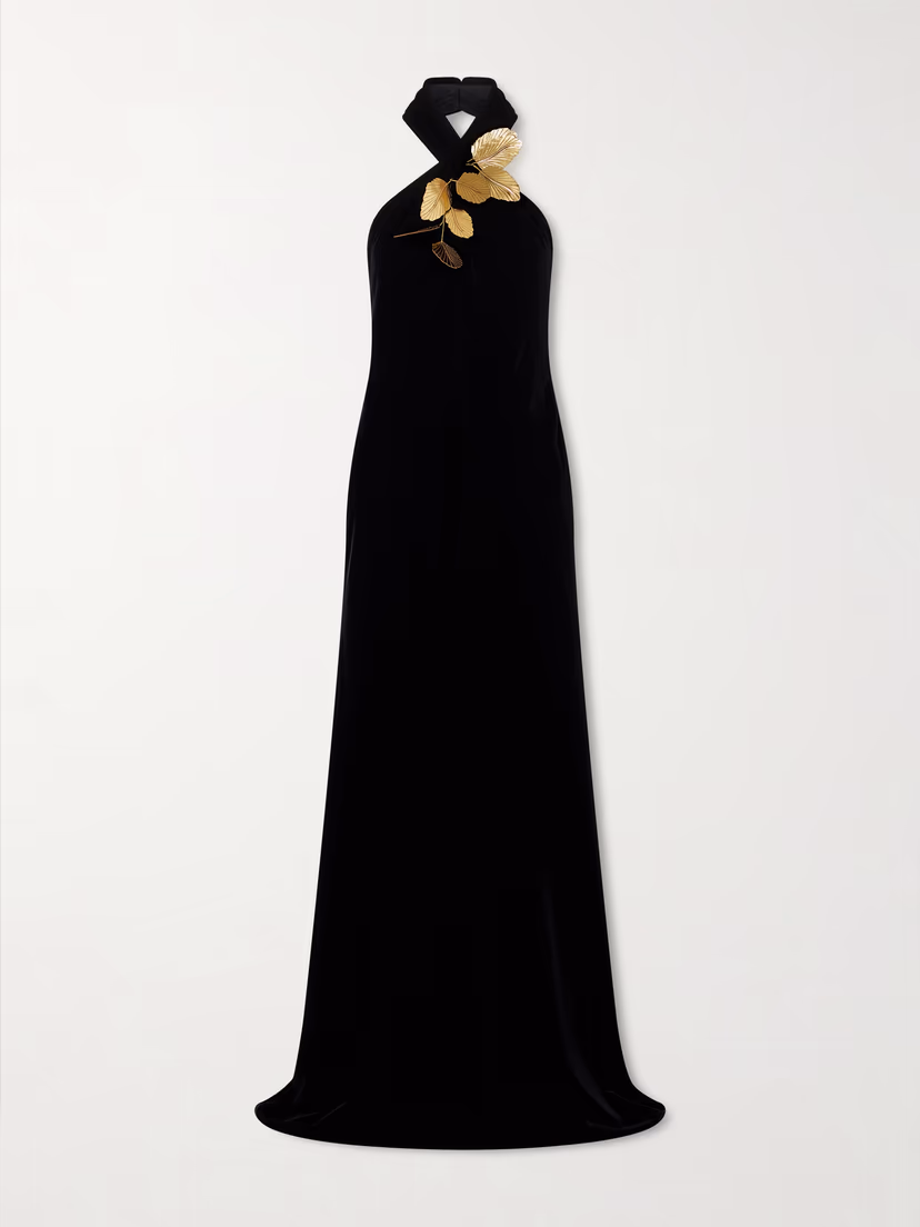 OSCAR DE LA RENTA Embellished velvet halterneck gown
