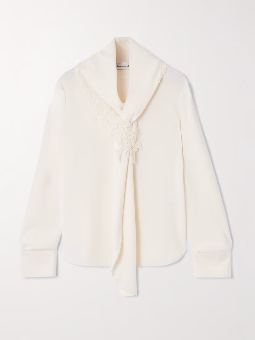 OSCAR DE LA RENTA Tie-detailed lace-trimmed silk-blend georgette blouse