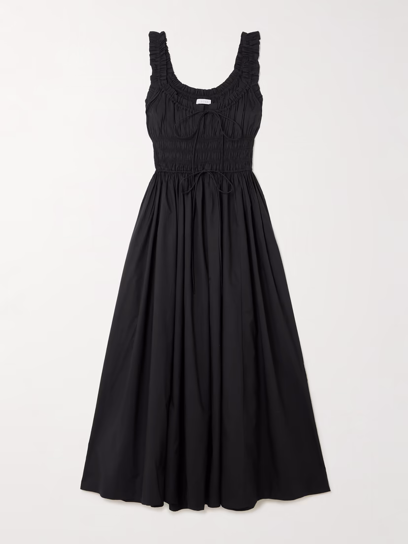 DÔEN Emmaretta tie-detailed shirred organic cotton-voile midi dress