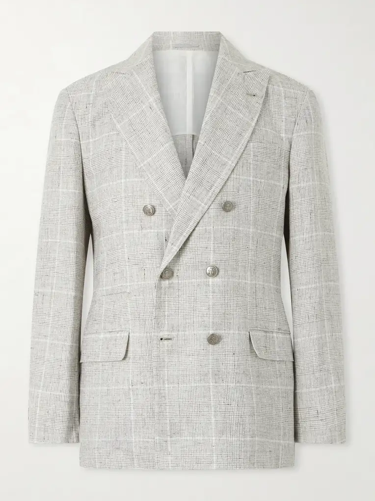 BRUNELLO CUCINELLI Double-Breasted Checked Linen-Blend Suit Jacket