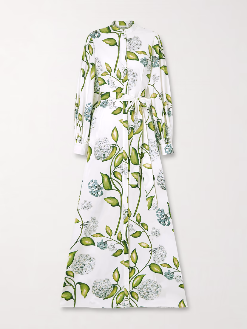 OSCAR DE LA RENTA Belted floral-print cotton-poplin dress