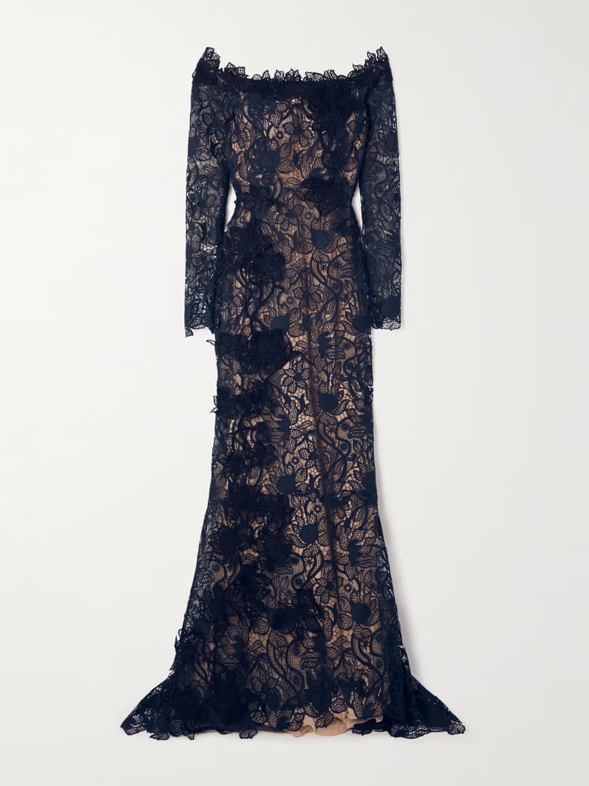 OSCAR DE LA RENTA Off-the-shoulder appliquéd guipure lace gown