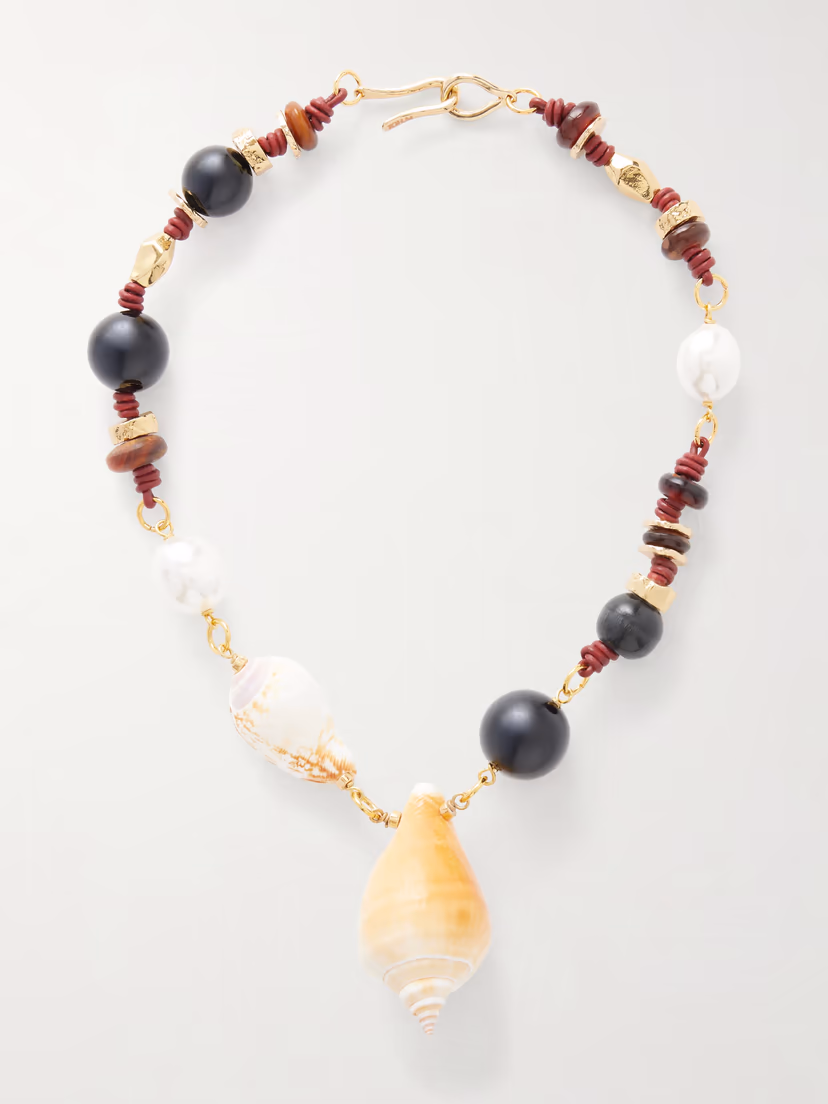 TOHUM Samsara gold-plated, onyx, leather and seashell beaded necklace