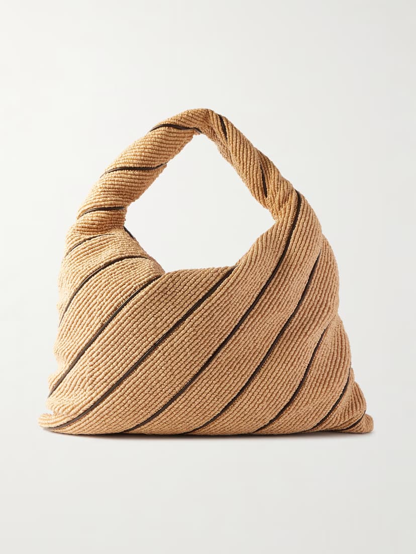 BOTTEGA VENETA Hop large striped leather-trimmed raffia shoulder bag