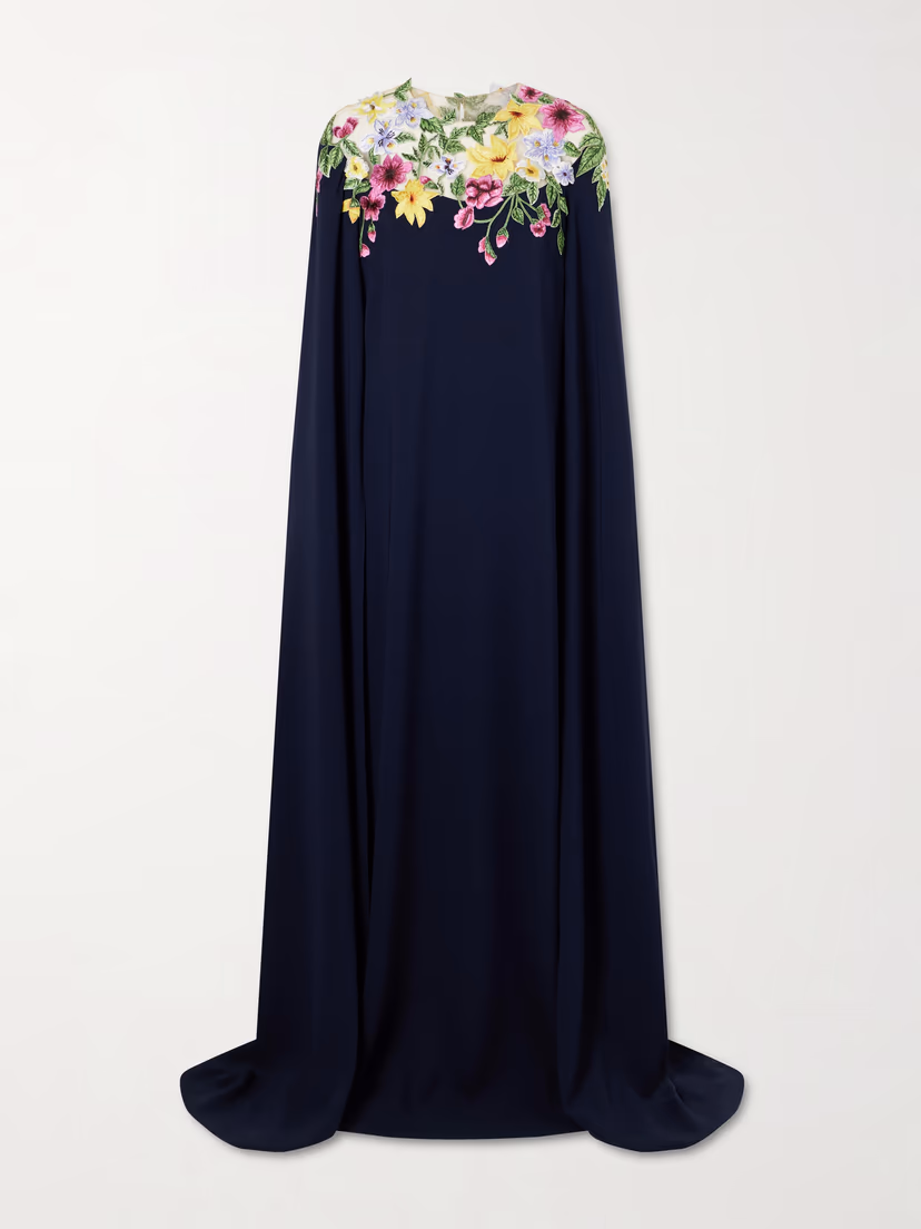 OSCAR DE LA RENTA Cape-effect floral-embroidered silk-blend georgette gown