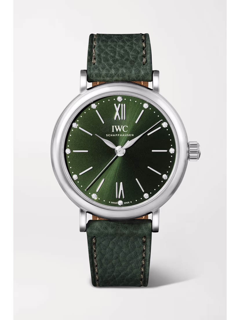 IWC SCHAFFHAUSEN Portofino Automatic 34mm stainless steel, textured-leather and diamond watch