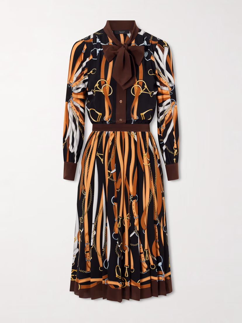 GUCCI Tie-detailed pleated printed silk midi dress