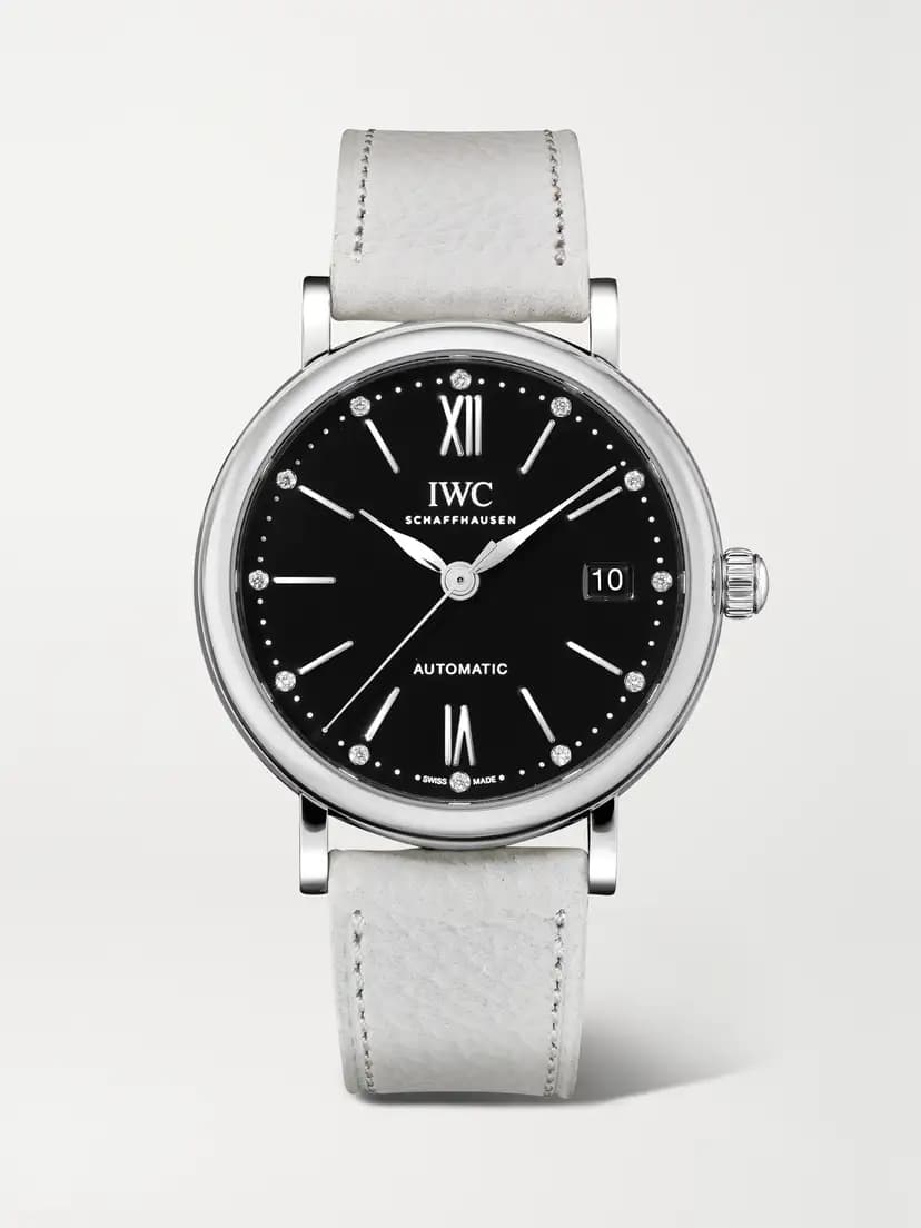 IWC SCHAFFHAUSEN Portofino Automatic 37mm stainless steel, textured-leather and diamond watch