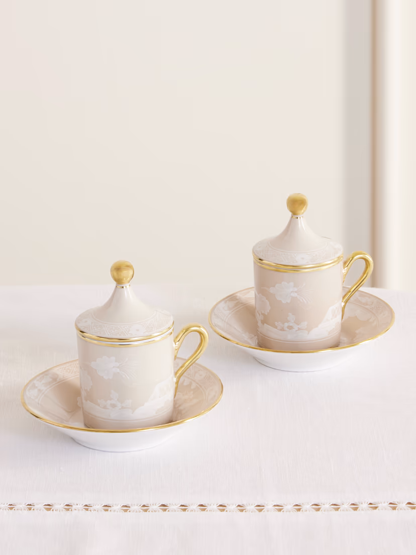 GINORI 1735 Oriente Italiano set of two gold-plated porcelain coffee cups, covers and saucers