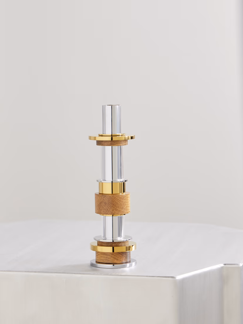 CHRISTOFLE Myriade large stainless steel, gold-tone, oak and glass candle holder