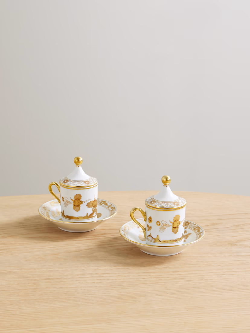 GINORI 1735 Oriente Italiano set of two gold-plated porcelain coffee cups, covers and saucers