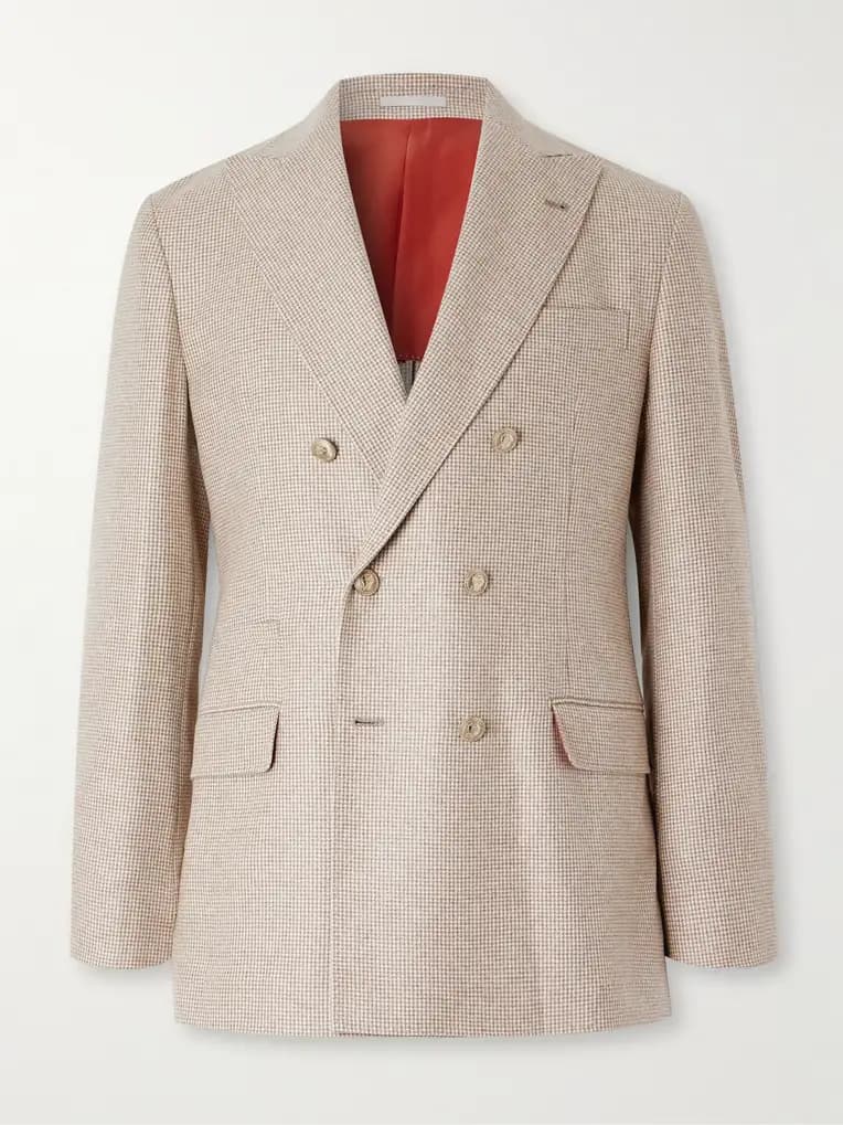 BRUNELLO CUCINELLI Double-Breasted Puppytooth Cashmere and Silk-Blend Suit Jacket