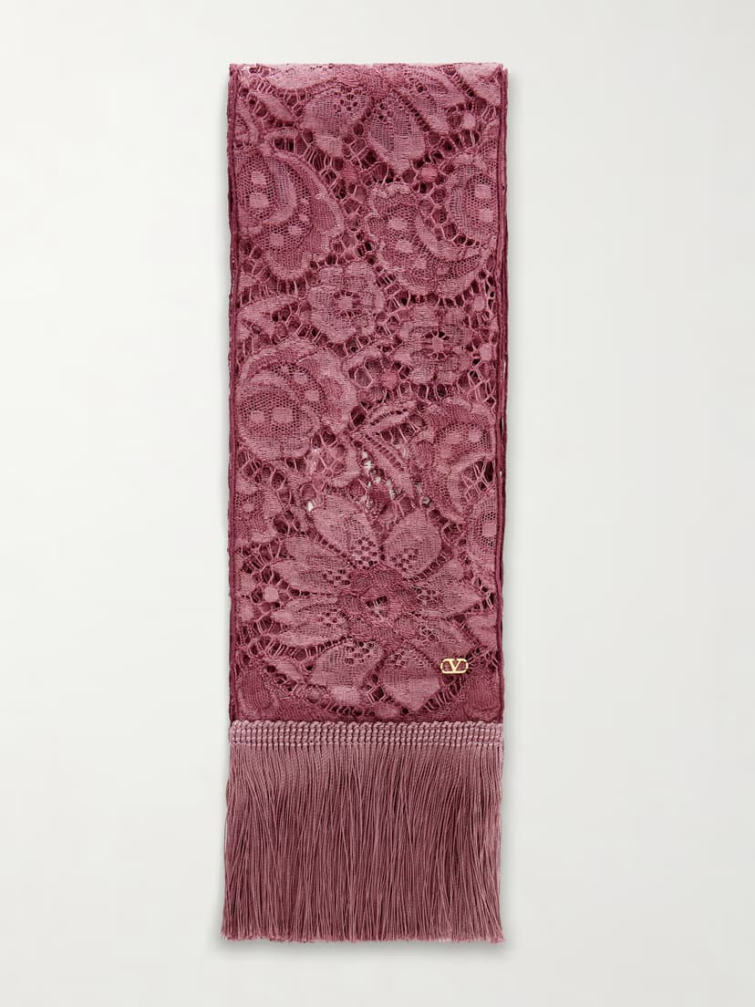 VALENTINO GARAVANI Embroidered fringed silk crocheted scarf