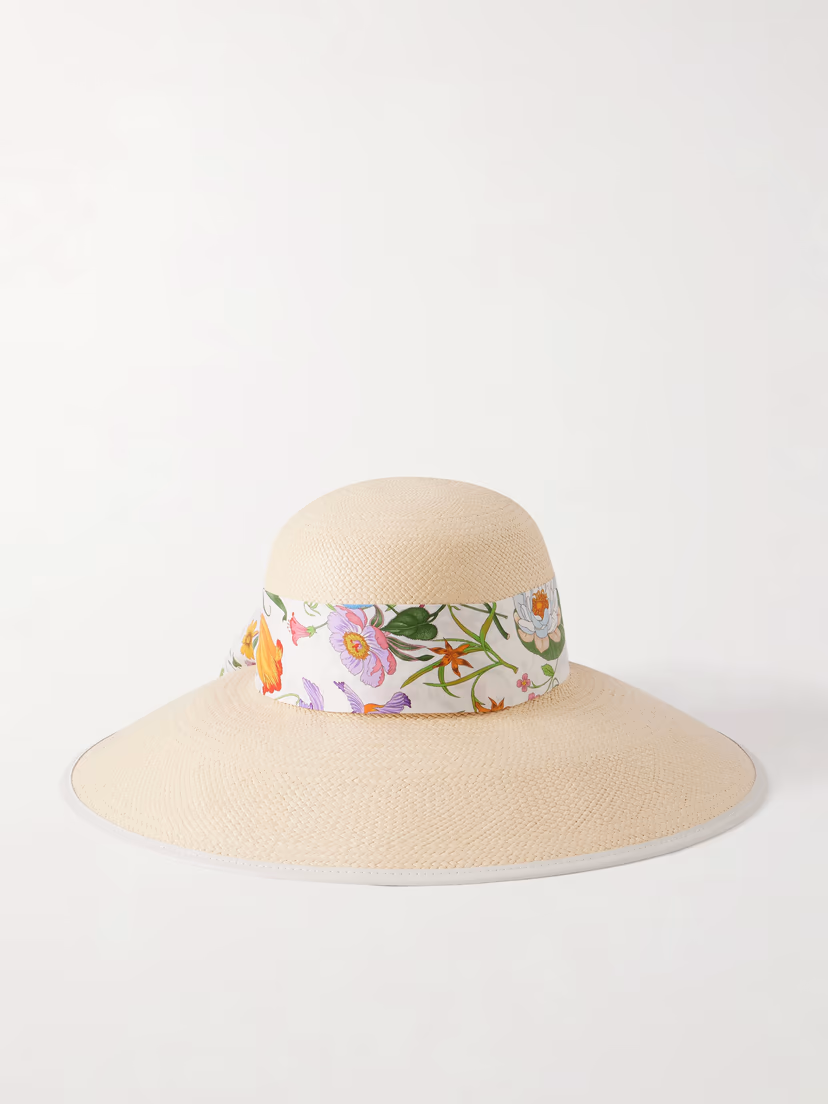 GUCCI Beverlie floral-print silk and leather-trimmed straw hat