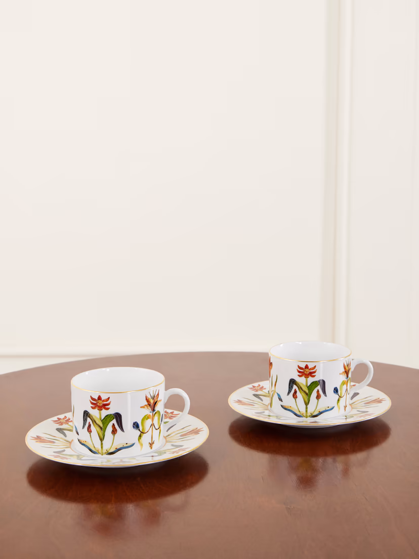 L'OBJET Grand Tour set of two gold-plated porcelain teacup and saucer